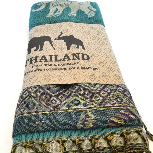 Silk Cashmere Scarf Teal Purple Pashmina Thailand Gold Embossed Elephant Luck NW - Picture 2 of 6